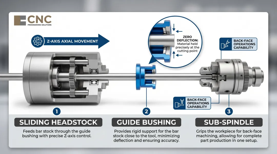Three key Swiss lathe components sliding headstock guide bushing and sub-spindle diagram