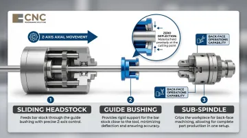 Three key Swiss lathe components sliding headstock guide bushing and sub-spindle diagram