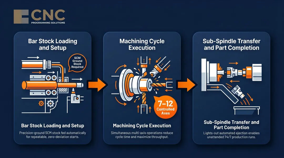 Three-step Swiss lathe machining cycle from bar loading to completed part ejection