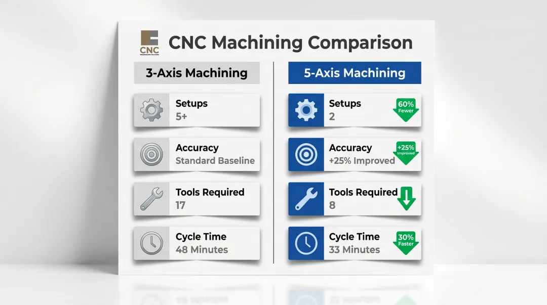 3-axis versus 5-axis CNC machining performance metrics side-by-side comparison infographic