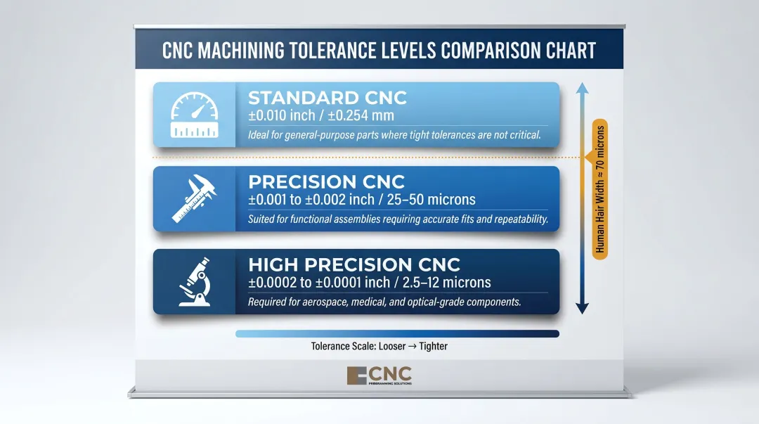 Three-tier CNC machining tolerance comparison from standard to ultra-precision levels