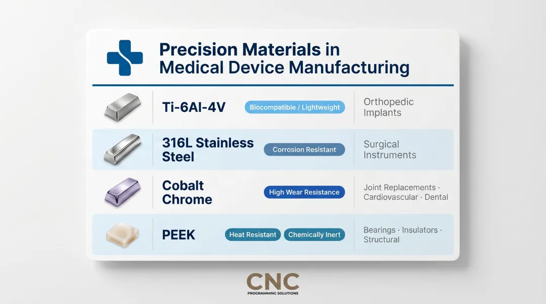 Medical precision CNC machining materials and biomedical implant applications breakdown chart