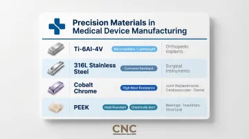 Medical precision CNC machining materials and biomedical implant applications breakdown chart