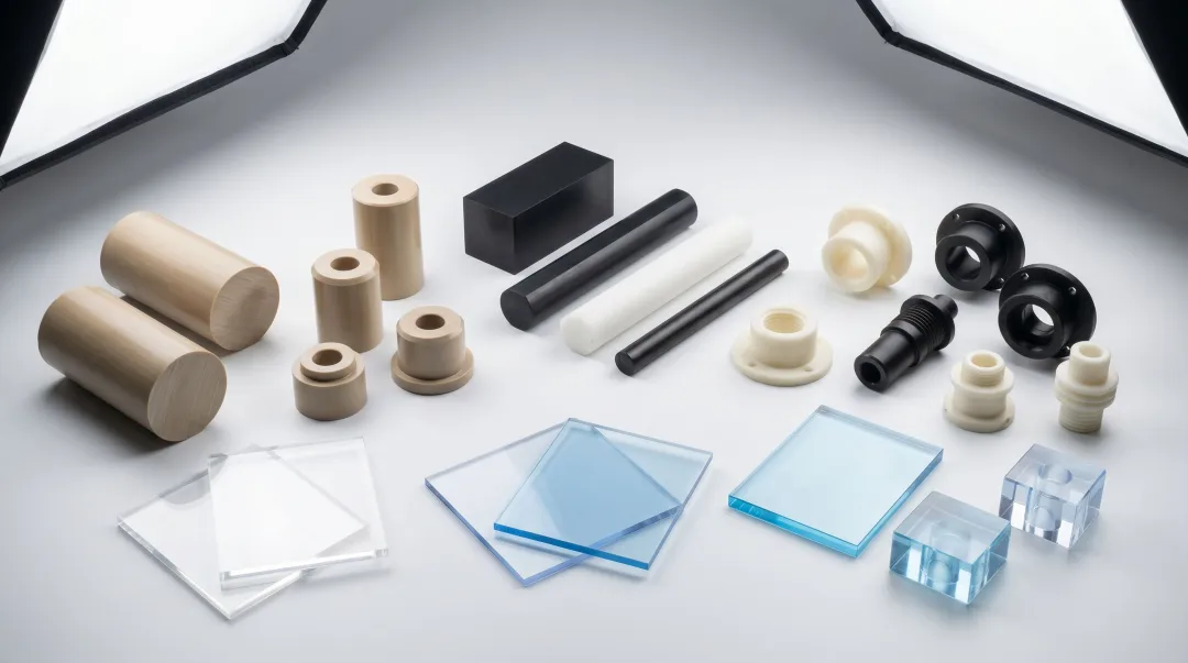 Engineering plastic material samples including PEEK Delrin nylon and polycarbonate components