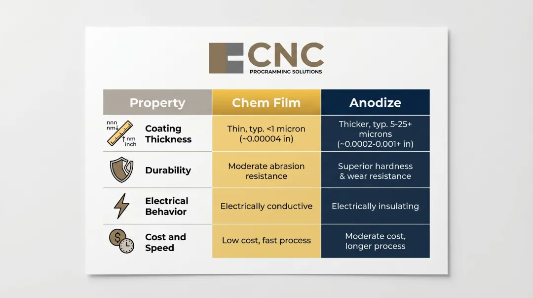 Chem film versus anodize property comparison table with thickness coating specs