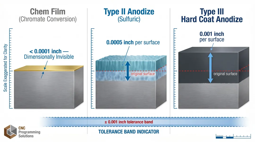 Anodize dimensional growth per surface comparison Type II versus Type III hard coat
