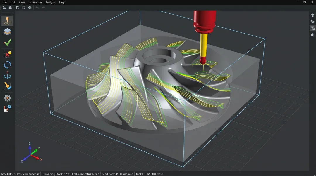 CAD CAM simulation software interface showing 5-axis tool path verification for aerospace blisk component