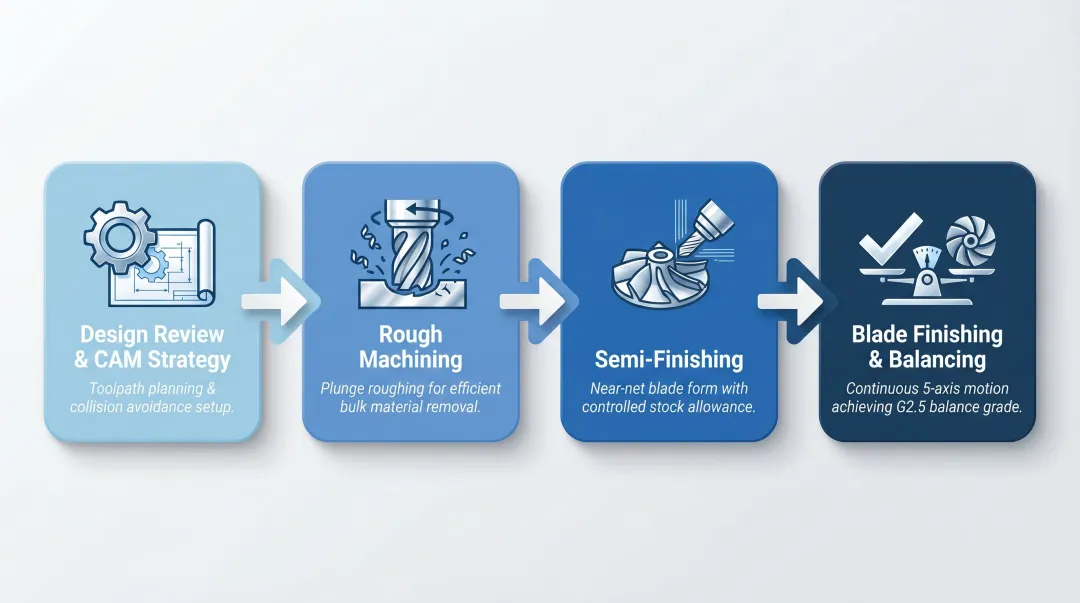 4-stage 5-axis impeller machining process from design review to dynamic balancing