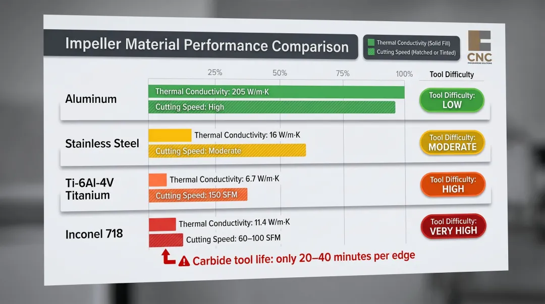 Impeller material machinability comparison chart aluminum stainless titanium Inconel cutting speeds