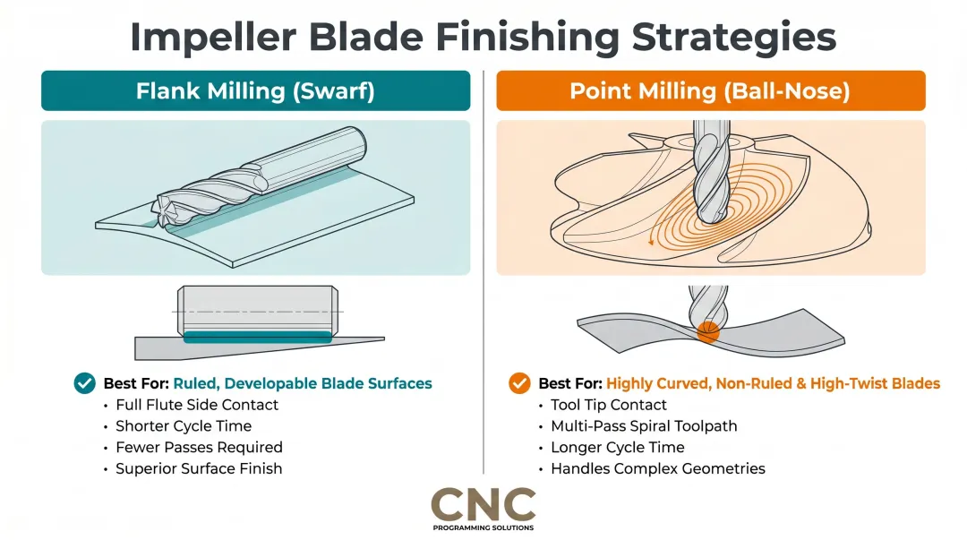 Flank milling versus ball-nose point milling strategy comparison for impeller blade finishing
