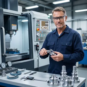 Technician reviewing precision machined components