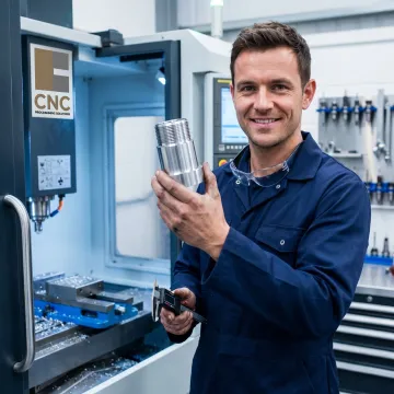 Technician inspecting a machined metal component