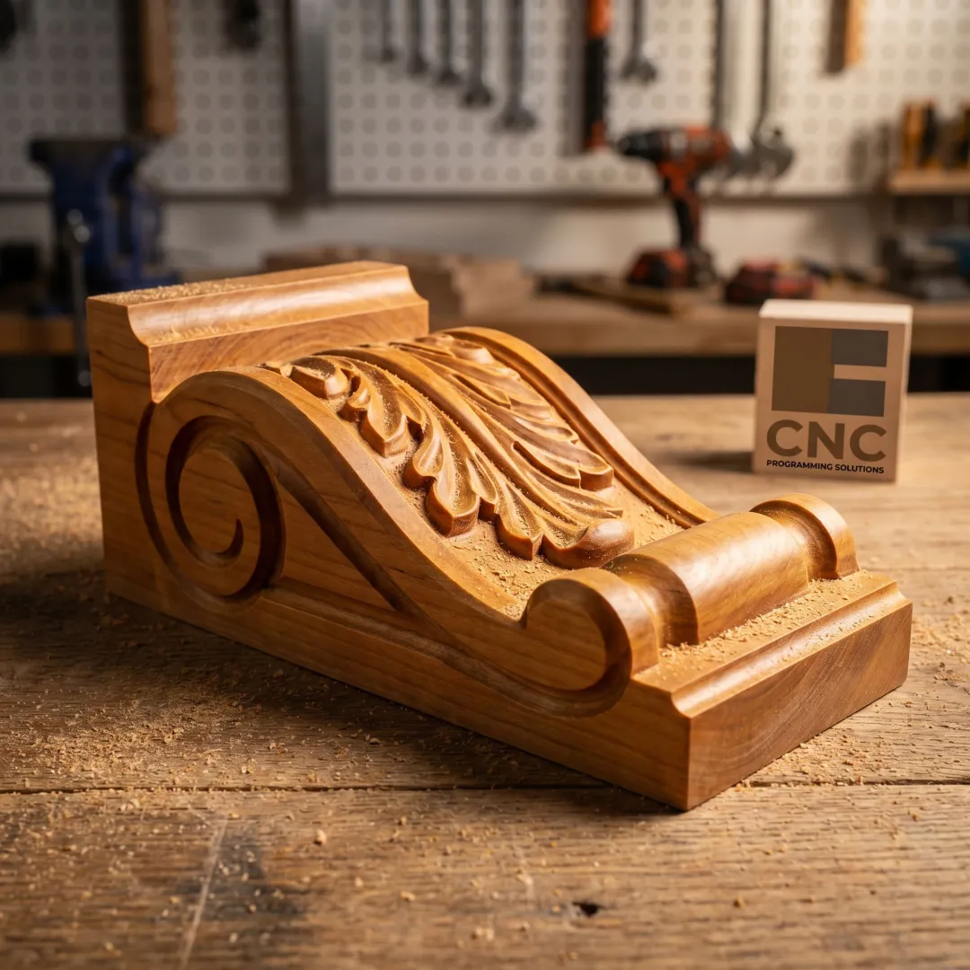 Custom machined wood component with detailed contours
