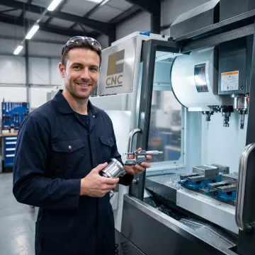 Technician inspecting machined metal part