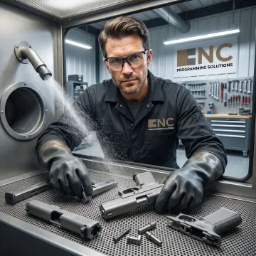 Technician bead blasting firearm components