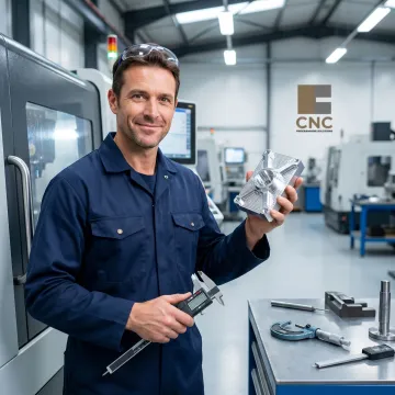 Technician reviewing precision machined metal part