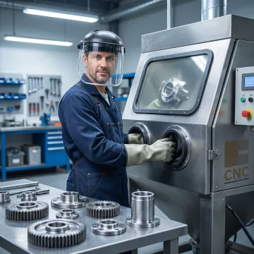 Technician performing bead blasting on metal parts