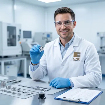 Technician inspecting finished medical device parts