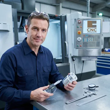 Technician inspecting a machined metal component