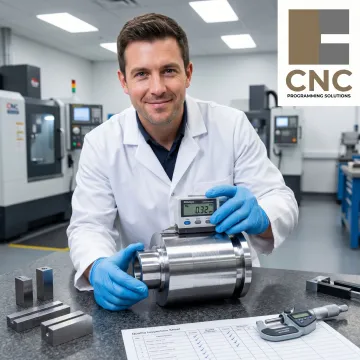 Technician inspecting machined part surface finish