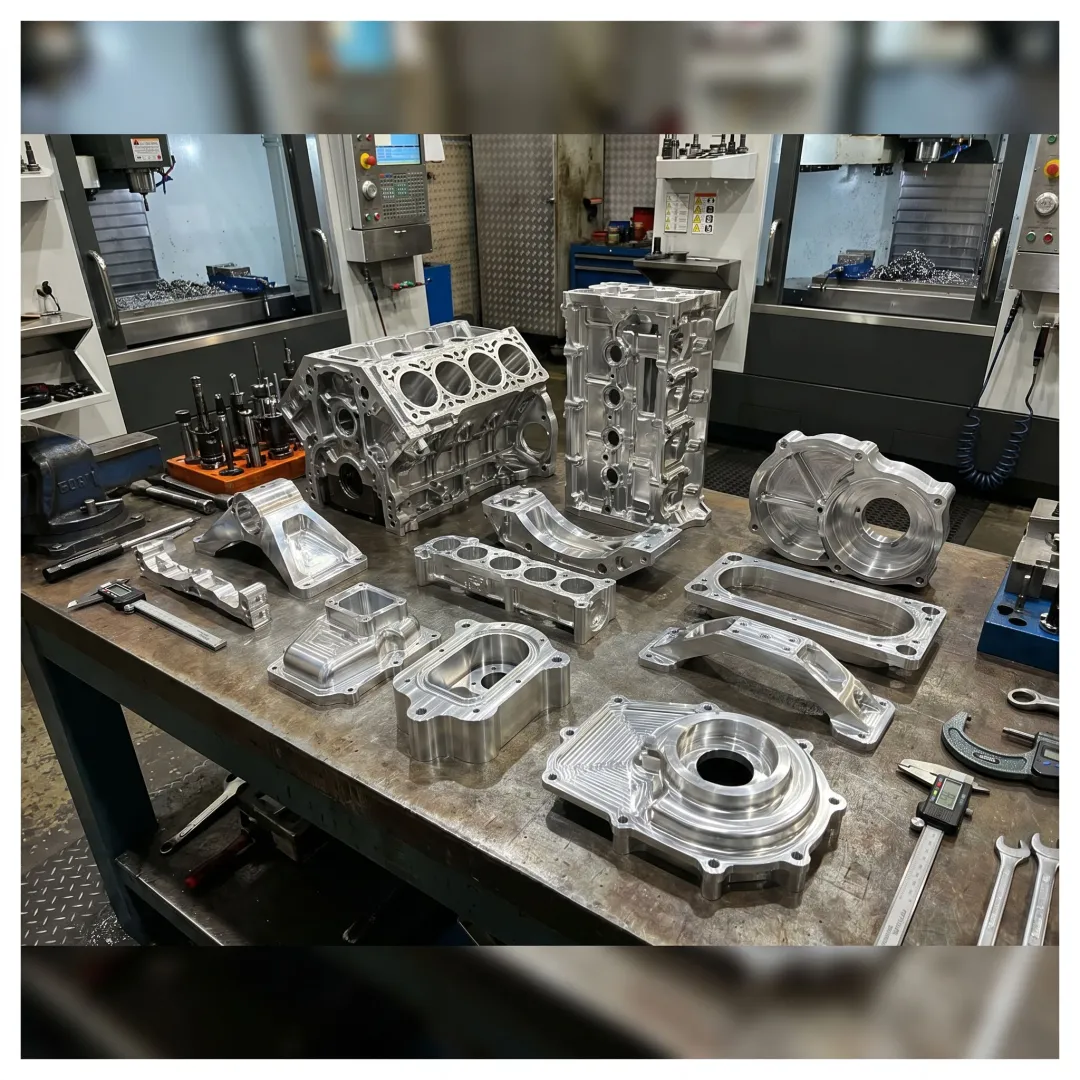 Machined automotive prototype components on workbench
