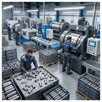 Metal finishing technician processing machined parts