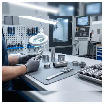 Technician inspecting deburred metal parts