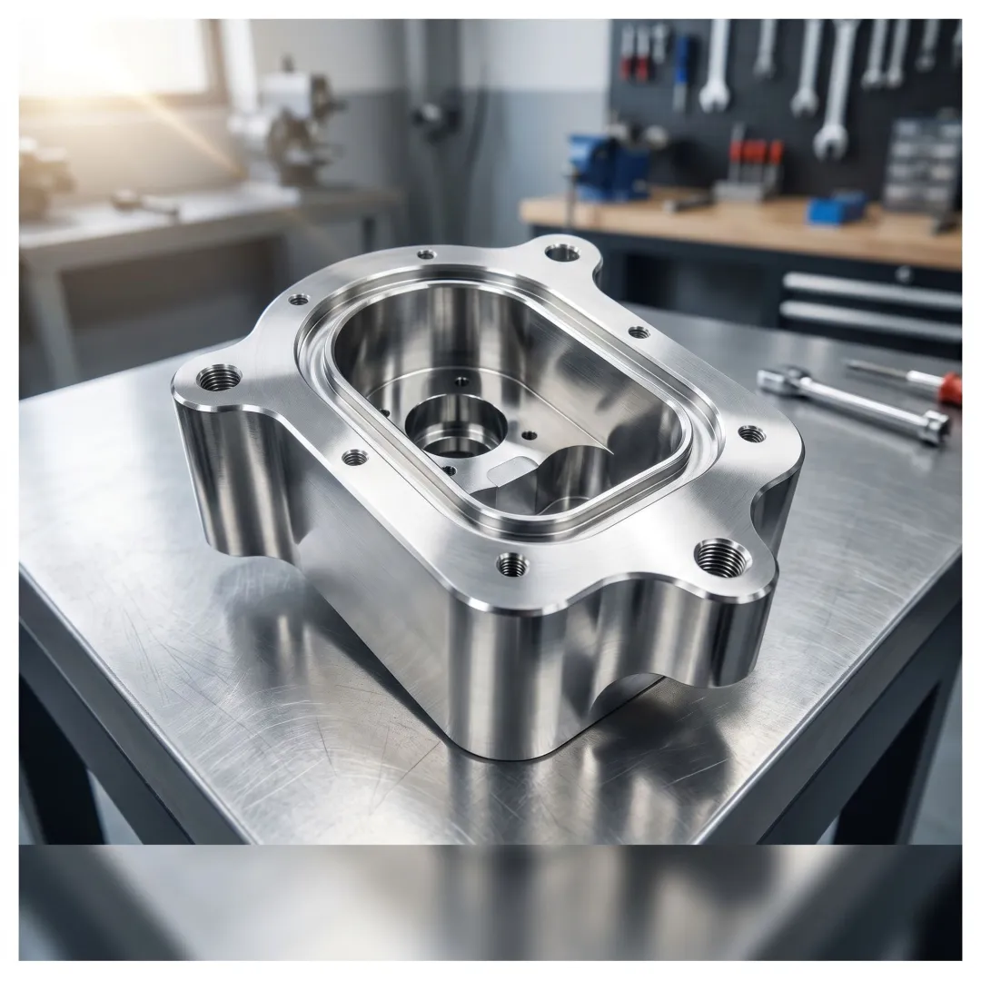 Precision stainless steel machined components on a workbench