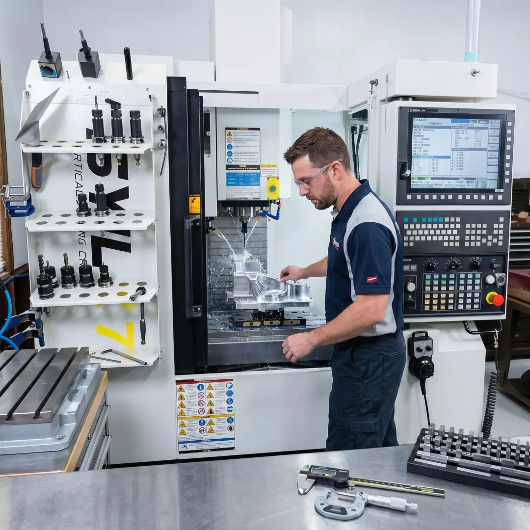 CNC milling machine producing a precision part