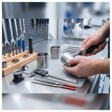 Technician hand finishing precision machined metal parts
