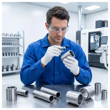 Technician inspecting deburred metal parts