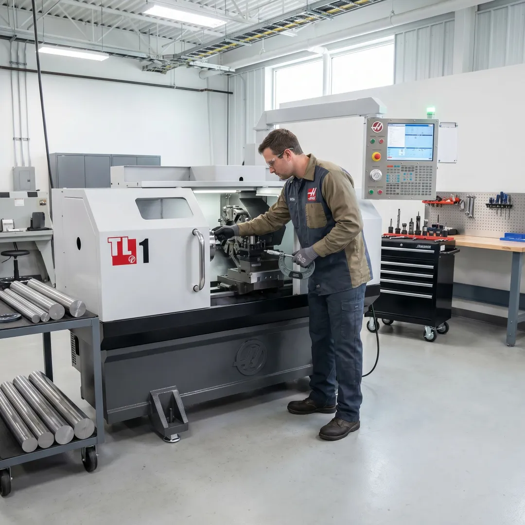 Machinist setting up a CNC lathe process