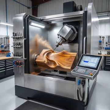 5-axis CNC machine cutting a custom wood part