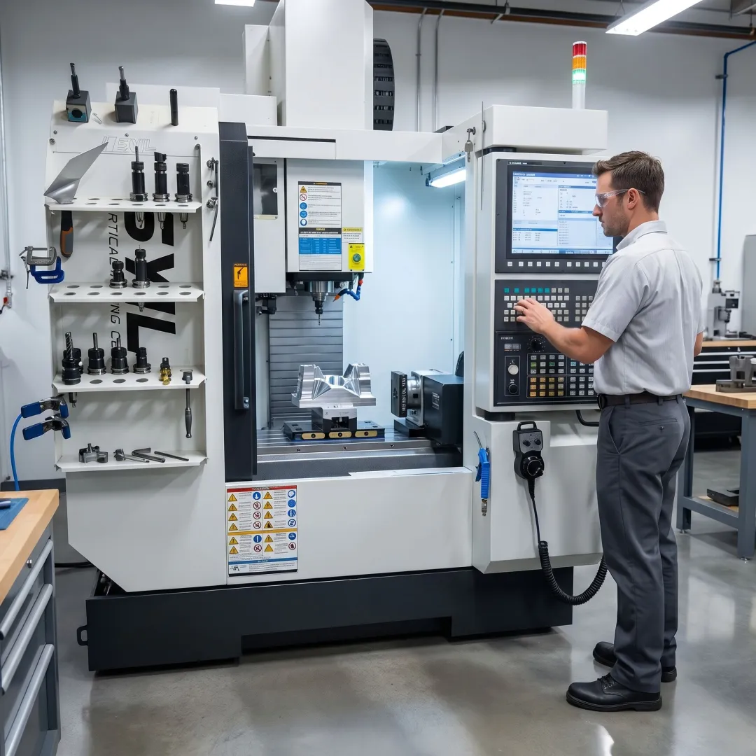 Technician operating CNC milling equipment
