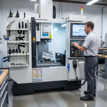 Technician operating CNC milling equipment