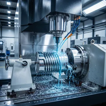 4-axis CNC horizontal machining center cutting a metal part