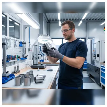 Technician inspecting finished machined components