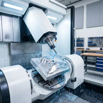 Small 5-axis CNC mill machining a precision metal part