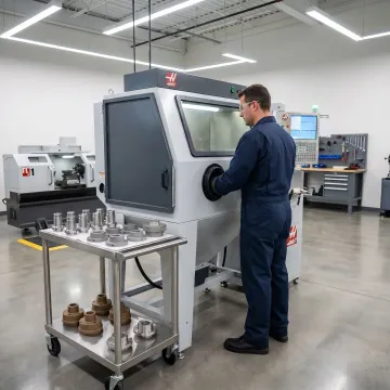 Technician performing glass bead blasting on metal parts