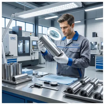 Technician inspecting deburred machined parts