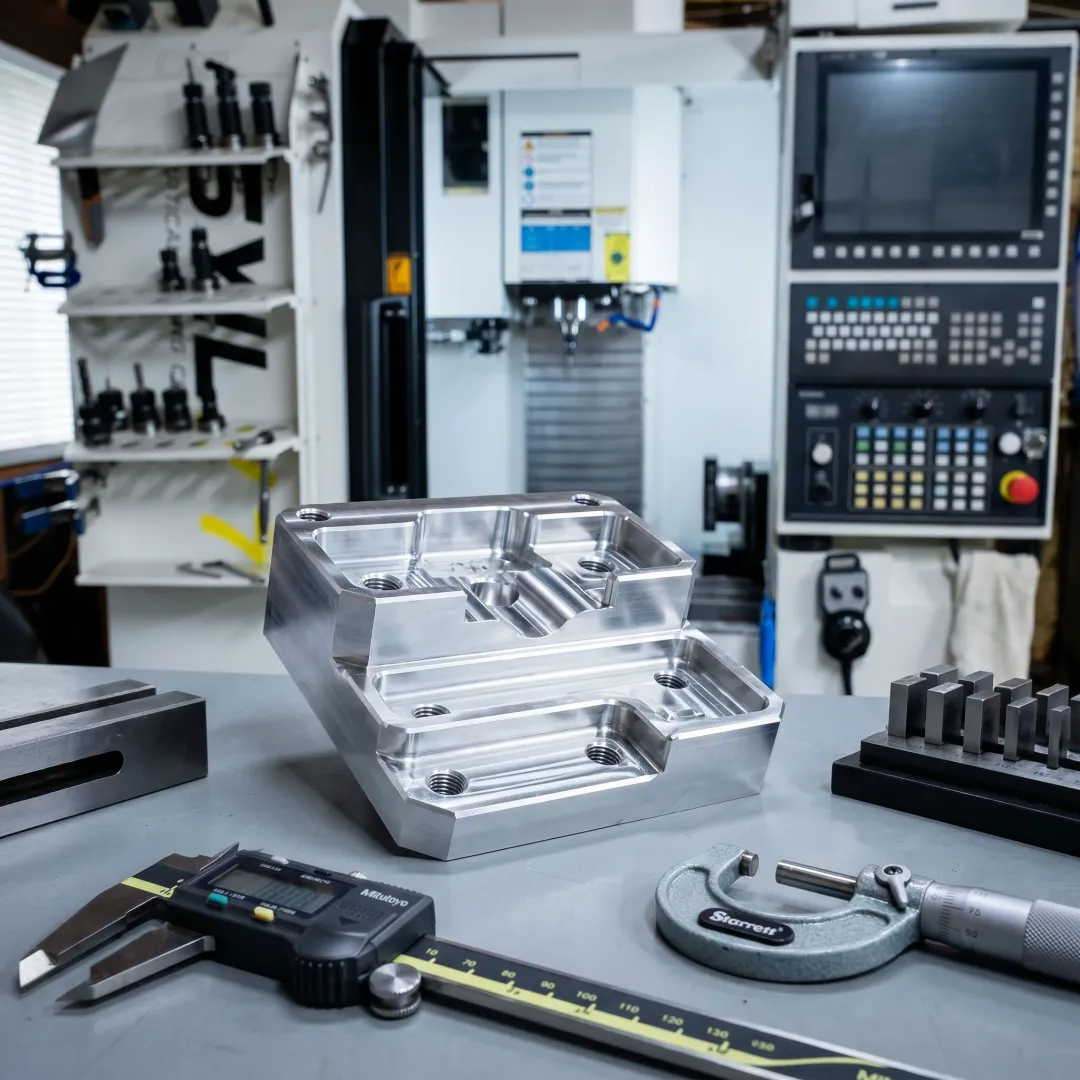 CNC milled metal component being inspected