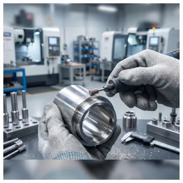 Technician deburring aircraft metal component