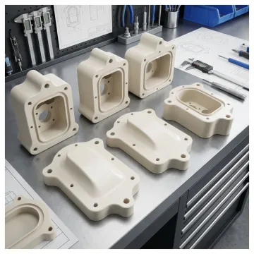 Machined PEEK components on a workbench