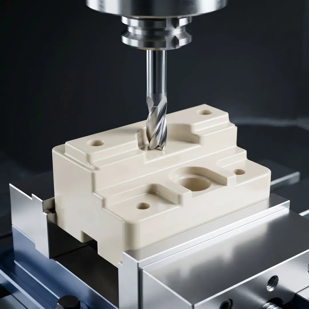 Machined PEEK components on a workbench