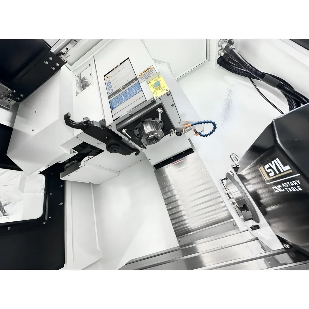 Small 5-axis CNC mill machining a precision metal part