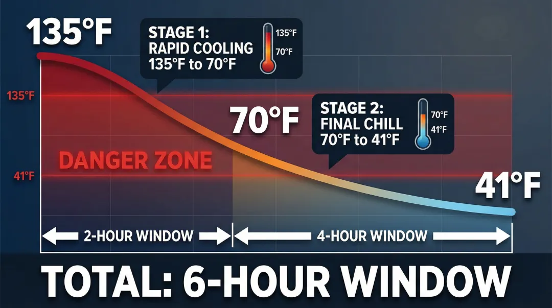 Cook-chill two-stage rapid chilling temperature timeline from 135°F to 41°F