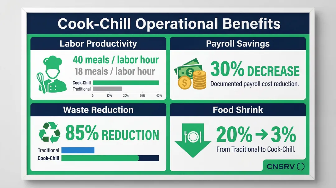 Cook-chill operational benefits comparison showing labor output waste and shrink statistics