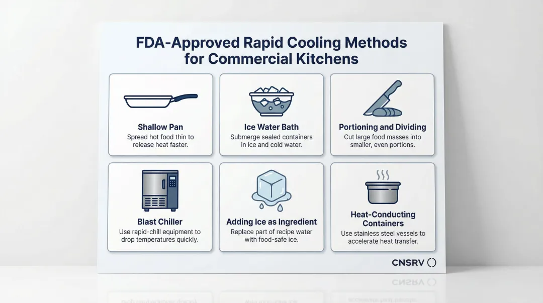 Six FDA-approved rapid food cooling methods for commercial kitchens infographic