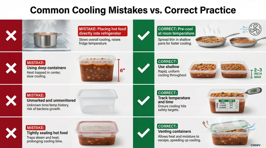 Four common food cooling mistakes versus correct practices comparison chart