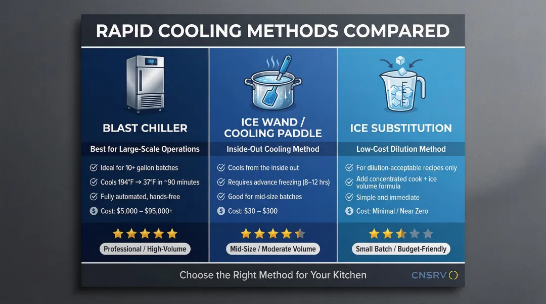 Three alternative broth cooling methods comparison blast chiller ice wand ice substitution
